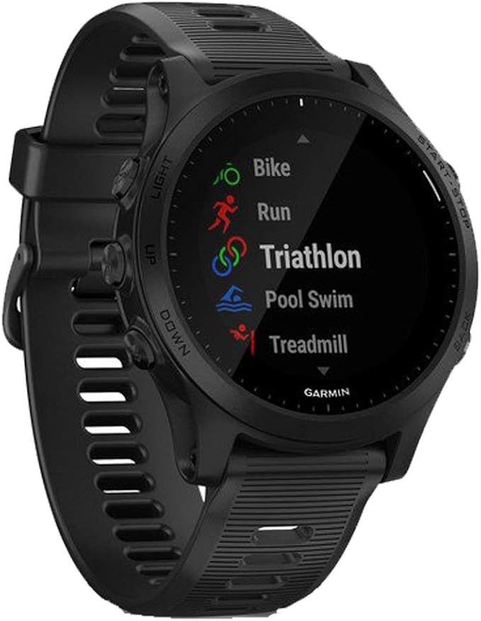 Black smartwatch displaying activity options like Bike, Run, and Triathlon on the screen.