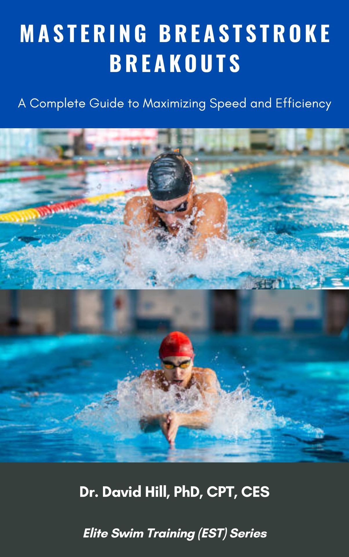Book cover with swimmers practicing breaststroke and text about mastering breaststroke breakouts.