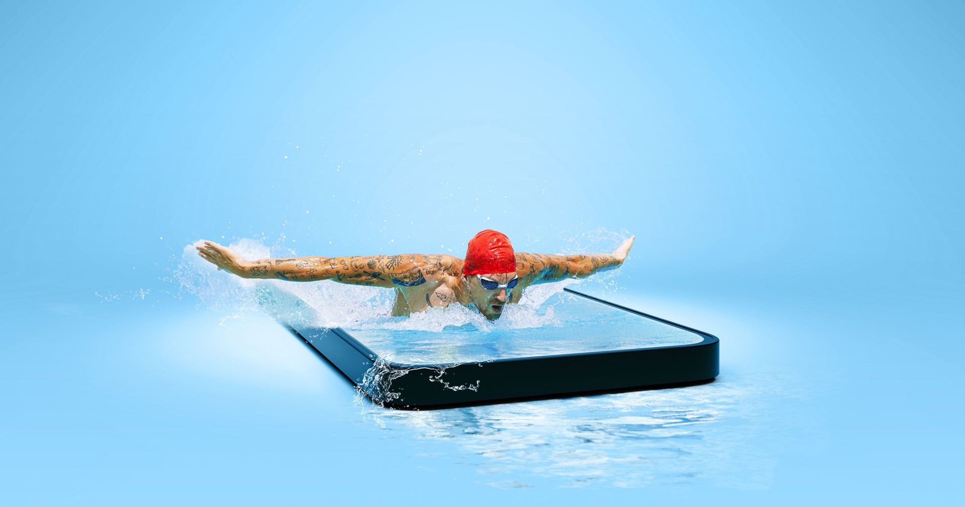 Creative collage with strong swimmer in goggles swimming by butterfly style in water in 3d phone screen over blue background. Sport, competition, online watching sports event
